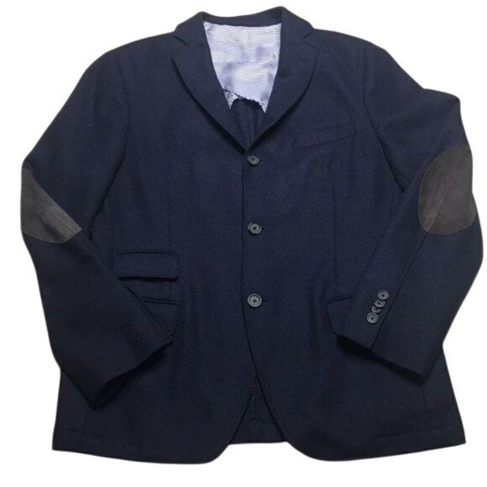 Eden Park Mens Navy Wool Blazer With Suede Elbow Patches Three-Button Front Mult